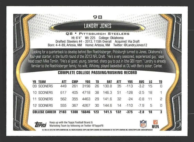 2013 Topps Chrome #98 Landry Jones - Football Card Single