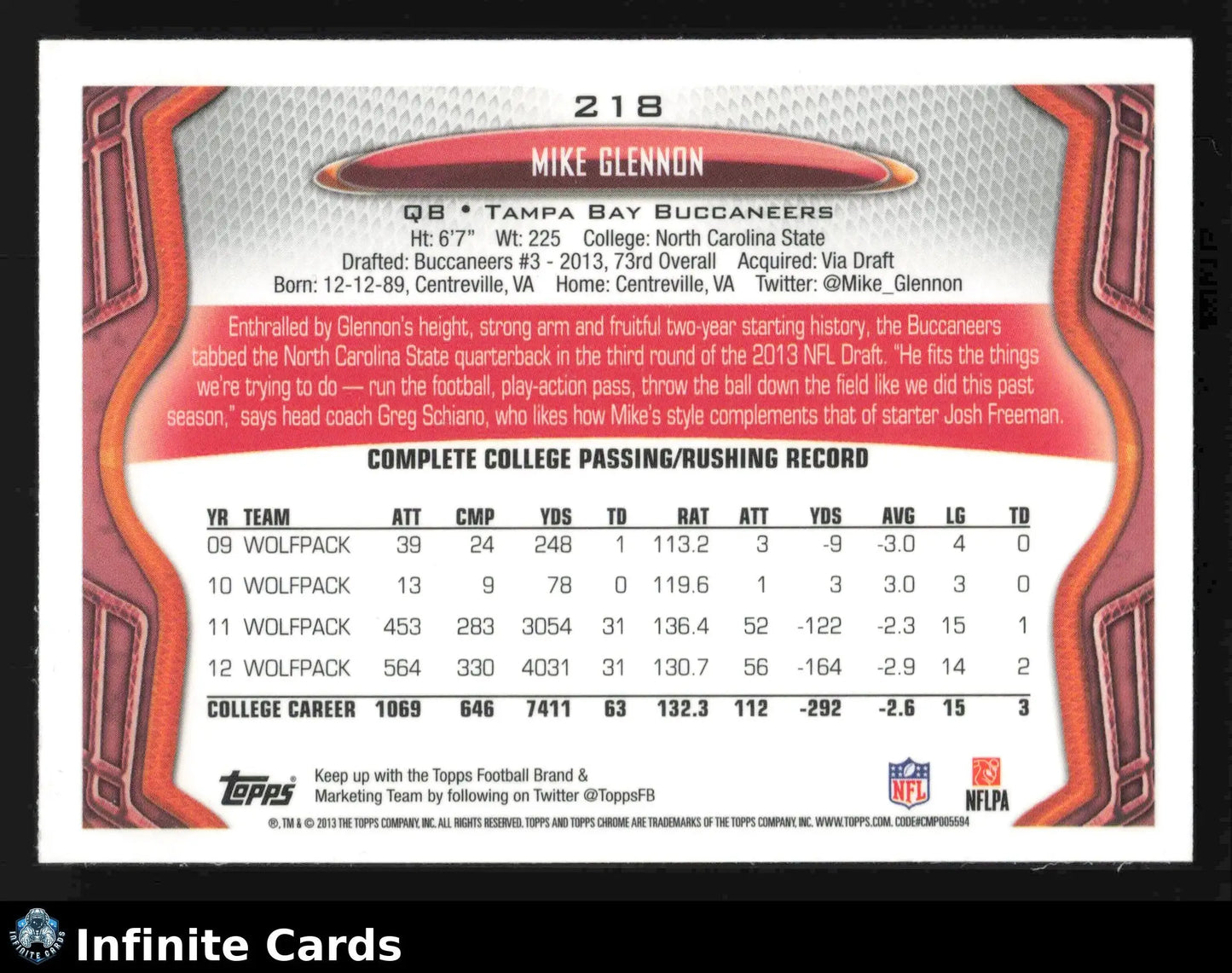 2013 Topps Chrome MIKE GLENNON #218 Tampa Bay Buccaneers RC - Football Card Single