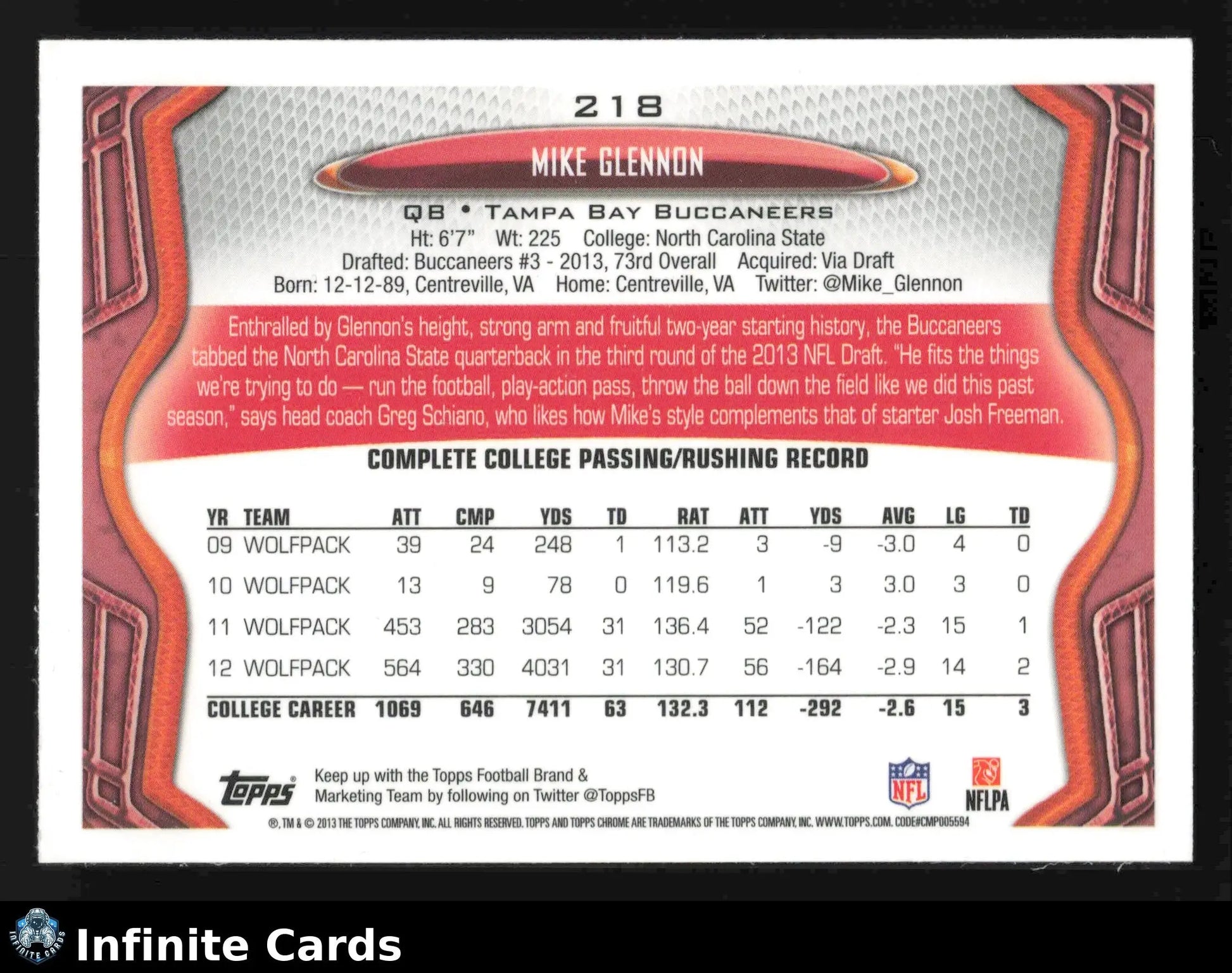2013 Topps Chrome MIKE GLENNON #218 Tampa Bay Buccaneers RC - Football Card Single