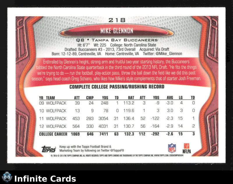 2013 Topps Chrome MIKE GLENNON #218 Tampa Bay Buccaneers RC - Football Card Single
