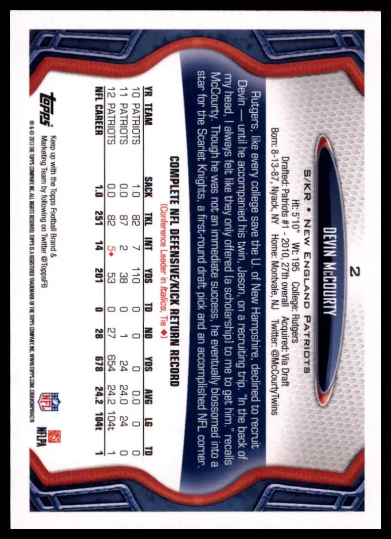 2013 Topps Devin McCourty 2 New England Patriots NM - Football Card Single