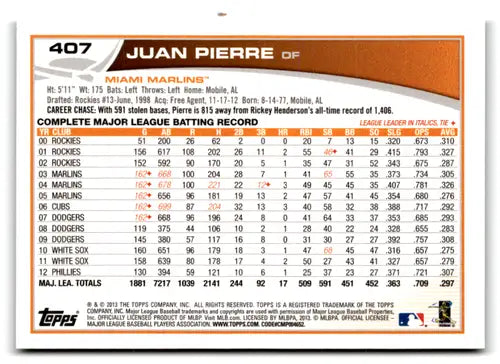 2013 Topps Emerald Juan Pierre baseball card with statistics and original gloss