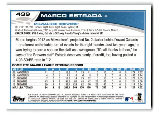 2013 Topps Emerald #439 Marco Estrada NM-MT Brewers ID:70876 - Baseball Card Single
