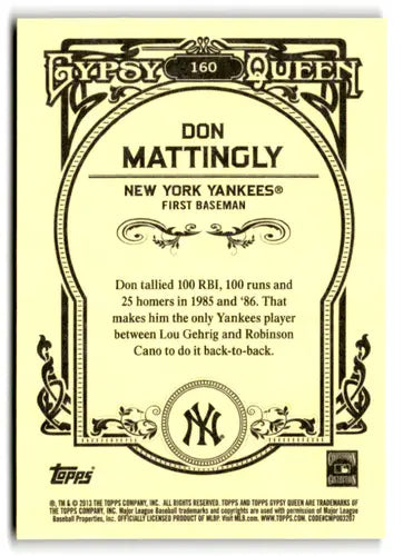 Back of a Don Mattingly baseball trading card from 2013 Topps Gypsy Queen with original gloss