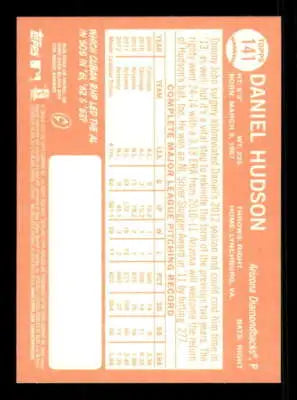Baseball card back with original gloss from 2013 Topps Heritage featuring Daniel Hudson