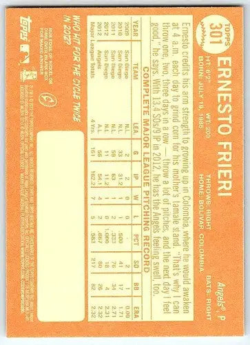 2013 Topps Heritage Ernesto Frieri baseball card back with original gloss and details