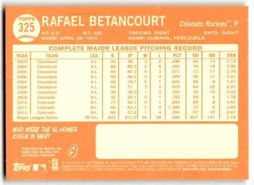 2013 Topps Heritage Rafael Betancourt baseball card with original gloss Rockies ID 43734