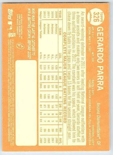 Original gloss 2013 Topps Heritage Gerardo Parra baseball card Diamondbacks ID 72803