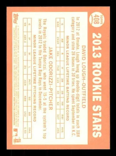 Baseball card back from 2013 Topps Heritage featuring David Lough and Jake Odorizzi