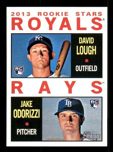 Baseball rookie card featuring David Lough and Jake Odorizzi from 2013 Topps Heritage