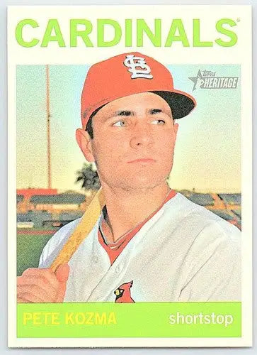 Original gloss 2013 Topps Heritage Pete Kozma baseball card featuring Pete Kozma Cardinals
