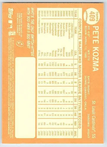 Back of a Pete Kozma baseball card from 2013 Topps Heritage with original gloss
