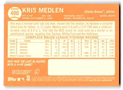 2013 Topps Heritage Kris Medlen #400 Atlanta Braves - Baseball Card Single