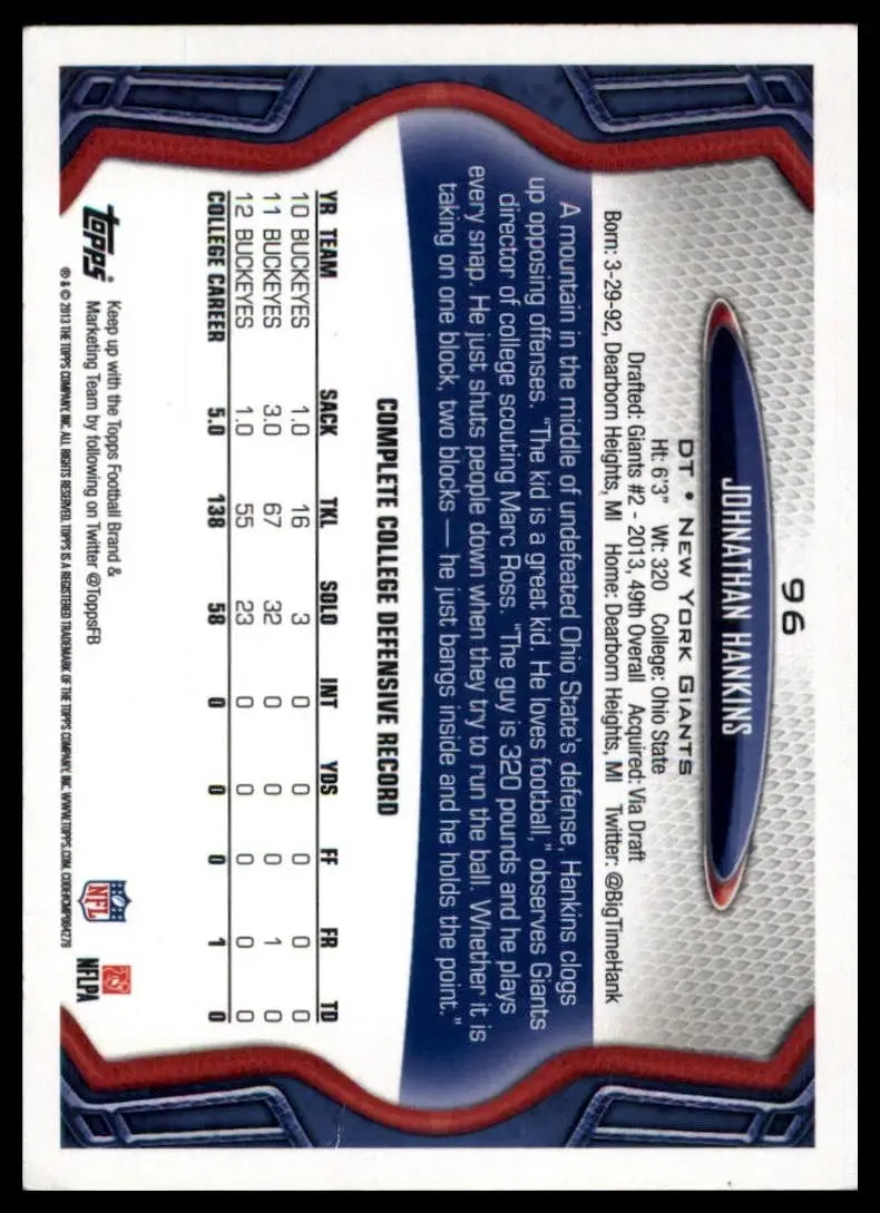 2013 Topps Johnathan Hankins #96 Rookie New York Giants Football Card NFL Sports - Football Card Single