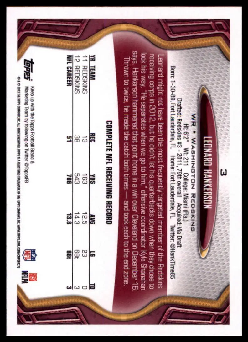 2013 Topps Leonard Hankerson 3 Washington Redskins NM - Football Card Single