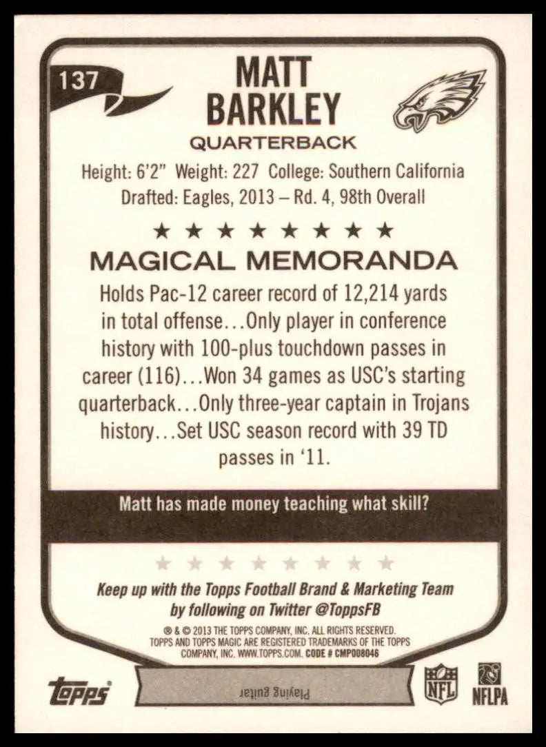 2013 Topps Magic Matt Barkley Rookie Philadelphia Eagles Football Card NFL Sport - Football Card Single