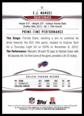 2013 Topps Prime - Retail E.J. Manuel RC 131 Buffalo Bills