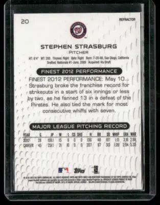 2013 Topps Stephen Strasburg #20 Refractor Baseball - Baseball Card Single