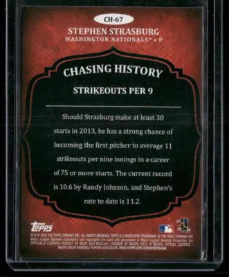 2013 Topps Stephen Strasburg #CH-67 Chasing History Silver Foil Baseball - Baseball Card Single