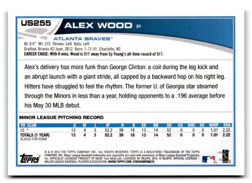 2013 Topps Update Emerald Alex Wood baseball card Braves NM-MT product ID 73280
