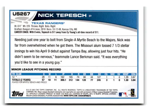 2013 Topps Update Emerald #US267 Nick Tepesch NM-MT Rangers ID:73154 - Baseball Card Single