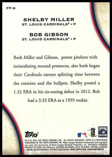 Back of 2013 Topps Update Franchise baseball card featuring Shelby Miller and Bob Gibson