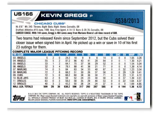 2013 Topps Update Gold #US166 Kevin Gregg NM-MT 0538/2013 Cubs ID:72042 - Baseball Card Single