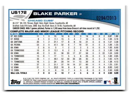 2013 Topps Update Gold #US172 Blake Parker NM-MT 0294/2013 Cubs ID:72829 - Baseball Card Single