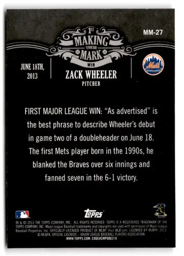 2013 Topps Update Making Their Mark #MM-27 Zack Wheeler NM-MT Mets ID:73306 - Baseball Card Single