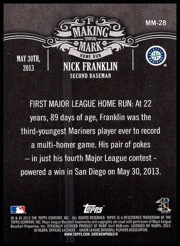 Baseball card back with original gloss from 2013 Topps Update Nick Franklin Mariners