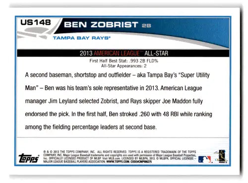 2013 Topps Update US148 Ben Zobrist Rays baseball card, NM-MT condition