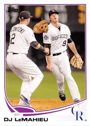 2013 Topps Update D J LeMahieu Rockies baseball card with purple border and original gloss
