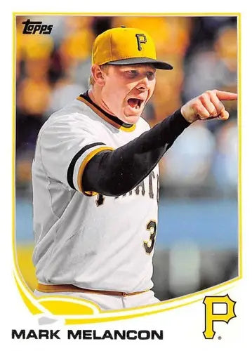 Original gloss of 2013 Topps Update US162 Mark Melancon Pirates baseball card featuring player pointing