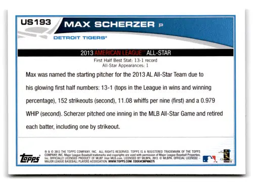 Original gloss 2013 Topps Update US193A Max Scherzer Tigers baseball card