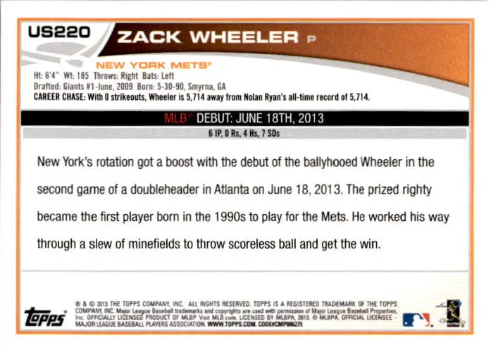 2013 Topps Update #US220 Zack Wheeler - Baseball Card Single