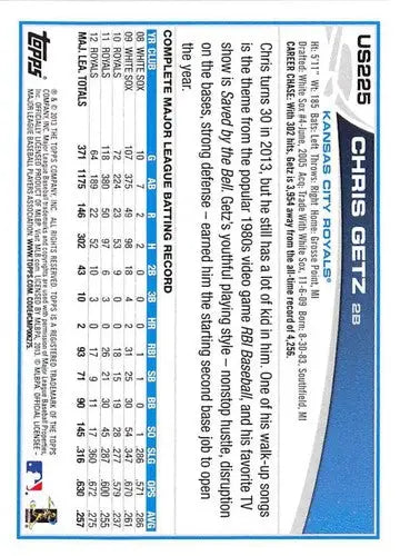 Baseball card back showing 2013 Topps Update US225 Chris Getz Royals ID:72034