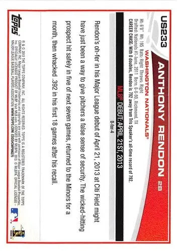 Back of a baseball trading card for Anthony Rendon from 2013 Topps Update US233