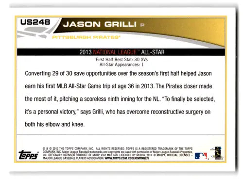 2013 Topps Update US248 Jason Grilli Pirates baseball card with original gloss
