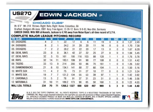 2013 Topps Update #US270 Edwin Jackson NM-MT Cubs ID:72199 - Baseball Card Single