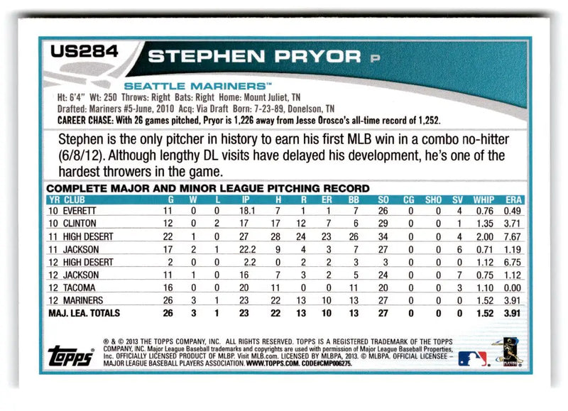 2013 Topps Update #US284 Stephen Pryor - Baseball Card Single