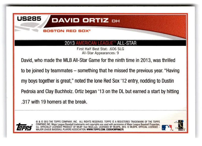 2013 Topps Update #US285a David Ortiz - Baseball Card Single