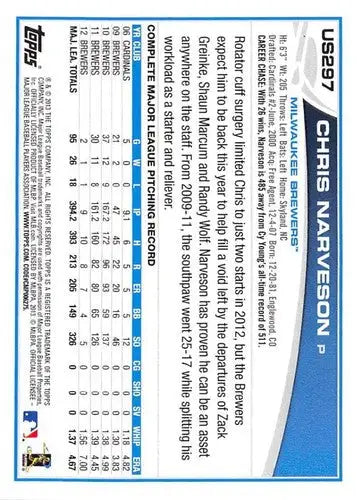 Original gloss of 2013 Topps Update US297 Chris Narveson baseball card back with stats
