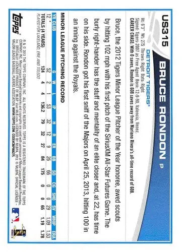 Original gloss 2013 Topps Update US315 Bruce Rondon baseball card rookie Tigers