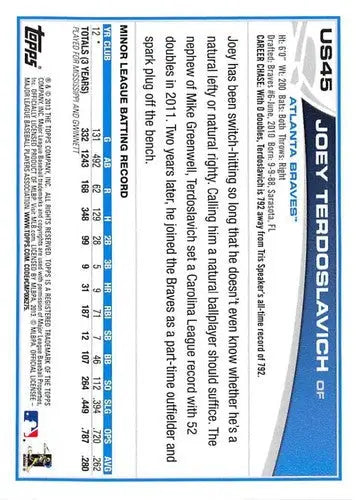 Original gloss 2013 Topps Update US45 Joey Terdoslavich rookie baseball card