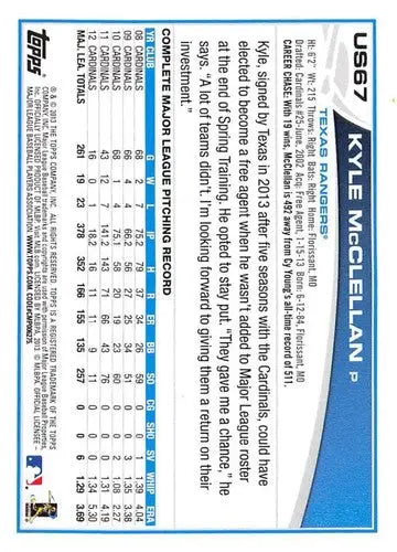 2013 Topps Update #US67 Kyle McClellan NM-MT Rangers ID:72436 - Baseball Card Single