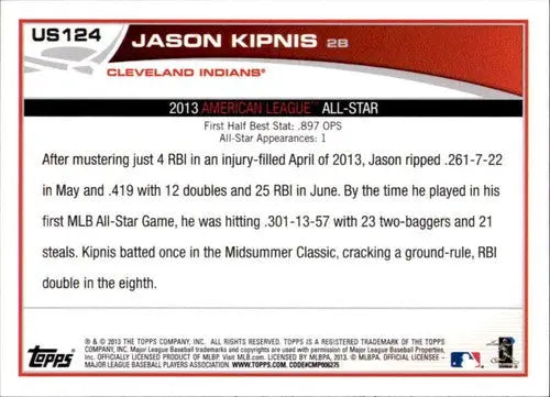 Jason Kipnis baseball card with original gloss from 2013 Topps Update Blue Border series