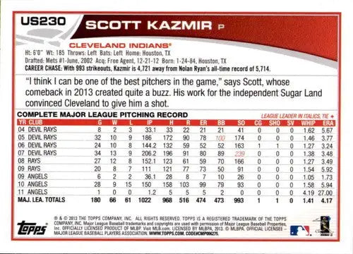 2013 Topps Update Wal-Mart Blue Border #US230 Scott Kazmir NM-MT Indian ID:72255 - Baseball Card Single
