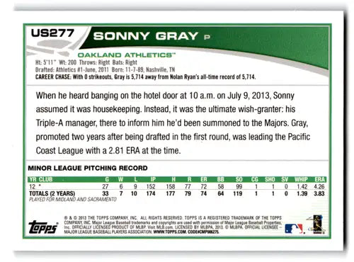 2013 Topps Update Wal-Mart Blue Border #US277 Sonny Gray NM Near Mint A ID:72040 - Baseball Card Single