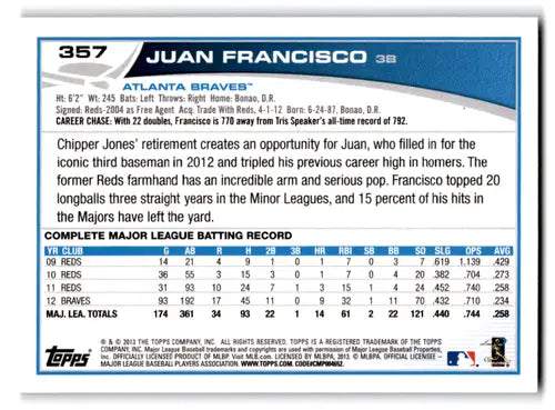 Baseball card back with blue border and original gloss for Juan Francisco from 2013 Topps