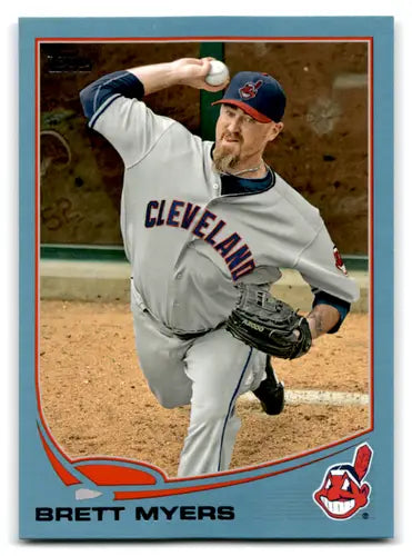 Original gloss baseball trading card of Brett Myers with blue border in Cleveland uniform